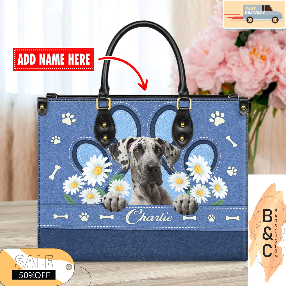 Great Dane Dog Leather Handbag for Women, Gift for Her With Custom Name, Shoulder Tote Bag 5.jpg