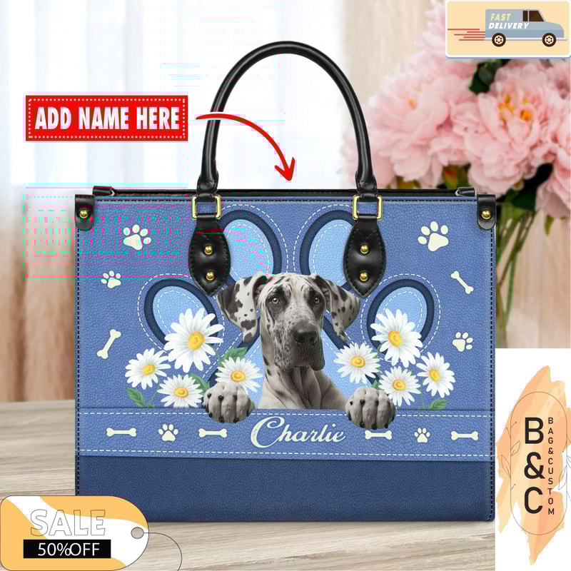 Great Dane Dog Leather Handbag for Women, Gift for Her With Custom Name, Shoulder Tote Bag 5.jpg