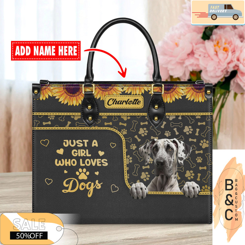 Great Dane Dog Leather Handbag for Women, Gift for Her With Custom Name, Shoulder Tote Bag.jpg