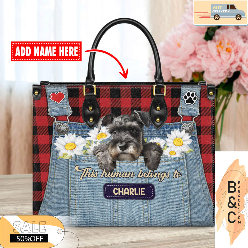 Miniature Schnauzer Dog Leather Handbag for Women, Gift for Her With Custom Name, Shoulder Tote Bag 1.jpg