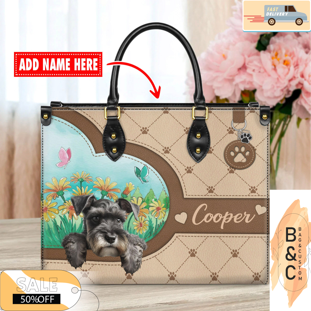 Miniature Schnauzer Dog Leather Handbag for Women, Gift for Her With Custom Name, Shoulder Tote Bag 3.jpg