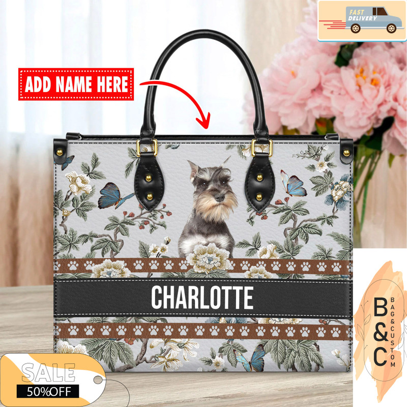 Miniature Schnauzer Dog Leather Handbag for Women, Gift for Her With Custom Name, Shoulder Tote Bag 4.jpg