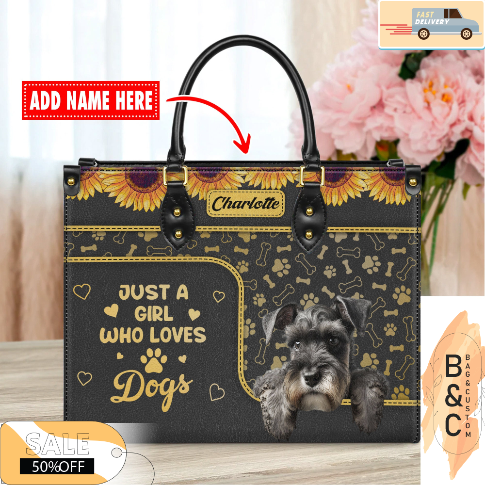 Miniature Schnauzer Dog Leather Handbag for Women, Gift for Her With Custom Name, Shoulder Tote Bag.jpg