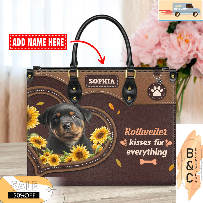 Rottweiler Dog Leather Handbag for Women, Gift for Her With Custom Name, Shoulder Tote Bag 2.jpg