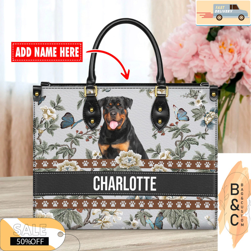 Rottweiler Dog Leather Handbag for Women, Gift for Her With Custom Name, Shoulder Tote Bag 4.jpg