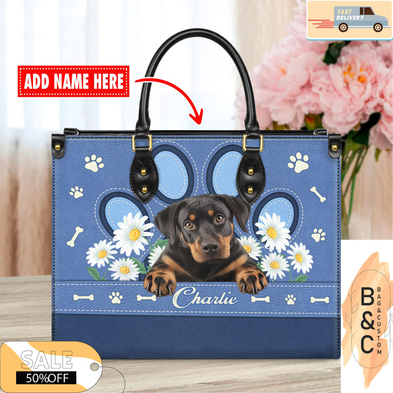 Rottweiler Dog Leather Handbag for Women, Gift for Her With Custom Name, Shoulder Tote Bag 5.jpg