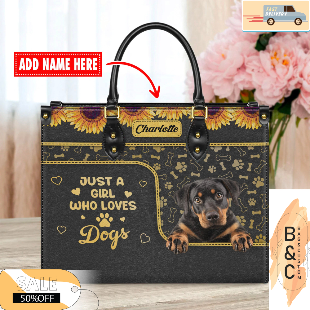 Rottweiler Dog Leather Handbag for Women, Gift for Her With Custom Name, Shoulder Tote Bag.jpg