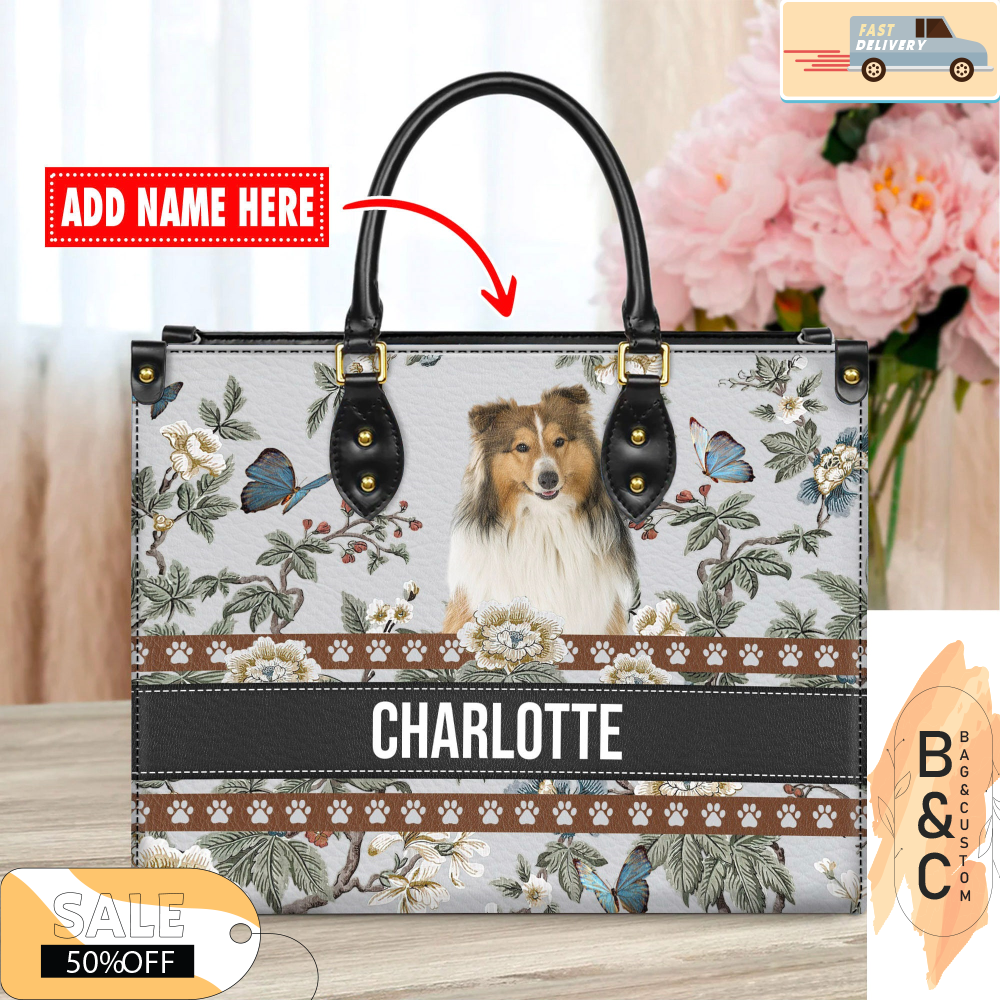 Shetland Sheepdog Leather Handbag for Women, Gift for Her With Custom Name, Shoulder Tote Bag 4.jpg