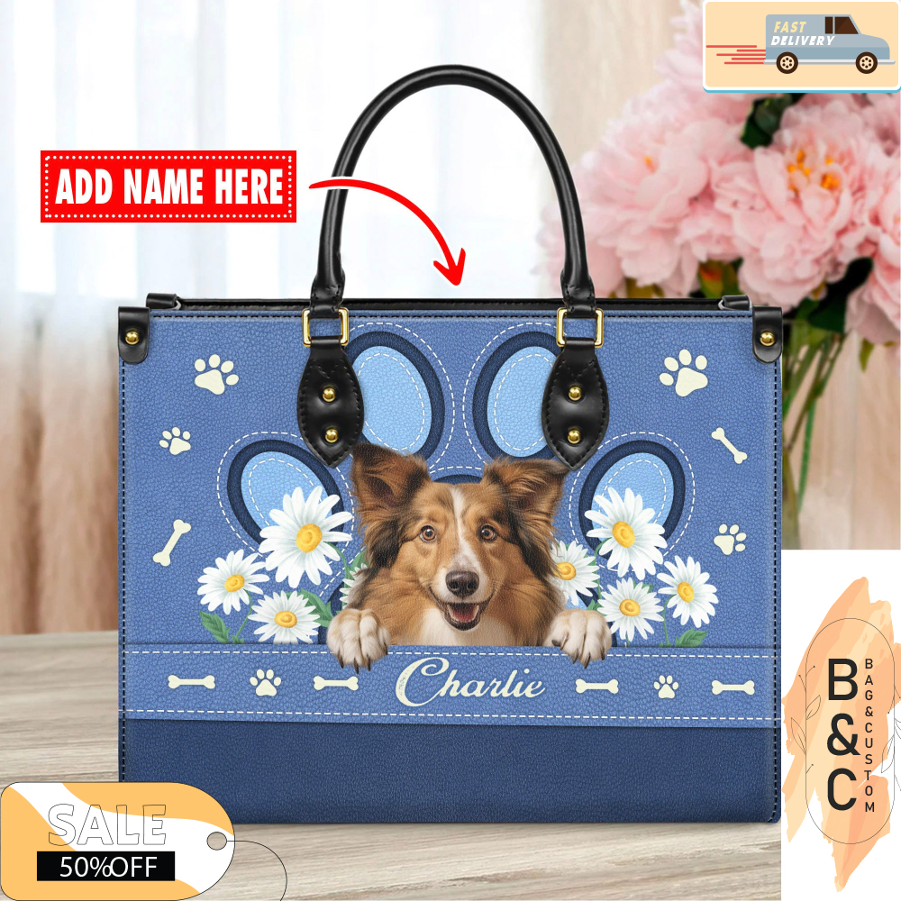 Shetland Sheepdog Leather Handbag for Women, Gift for Her With Custom Name, Shoulder Tote Bag 5.jpg