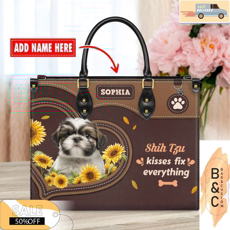 Shih Tzu Dog Leather Handbag for Women, Gift for Her With Custom Name, Shoulder Tote Bag 2.jpg