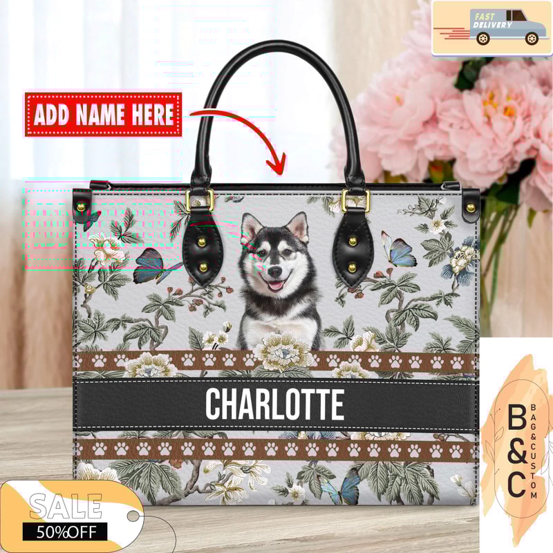 Siberian Husky Dog Leather Handbag for Women, Gift for Her With Custom Name, Shoulder Tote Bag 4.jpg