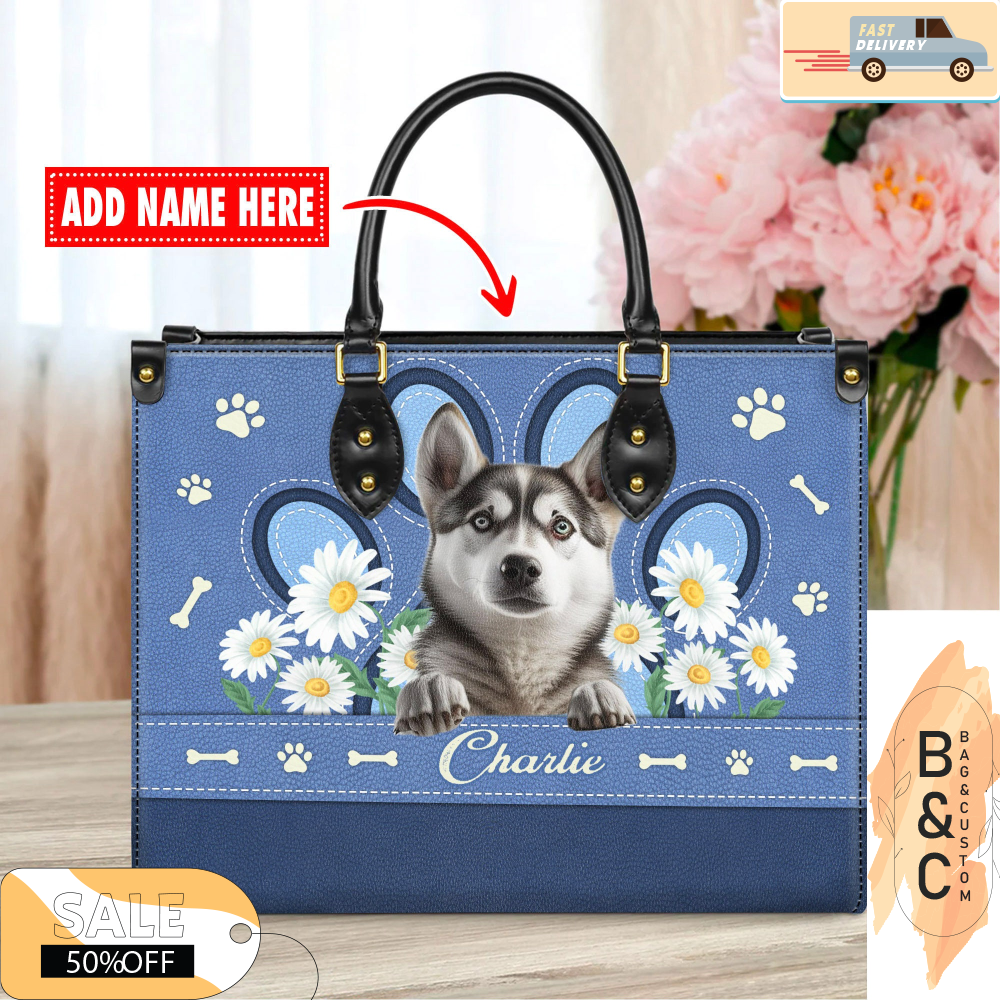 Siberian Husky Dog Leather Handbag for Women, Gift for Her With Custom Name, Shoulder Tote Bag 5.jpg