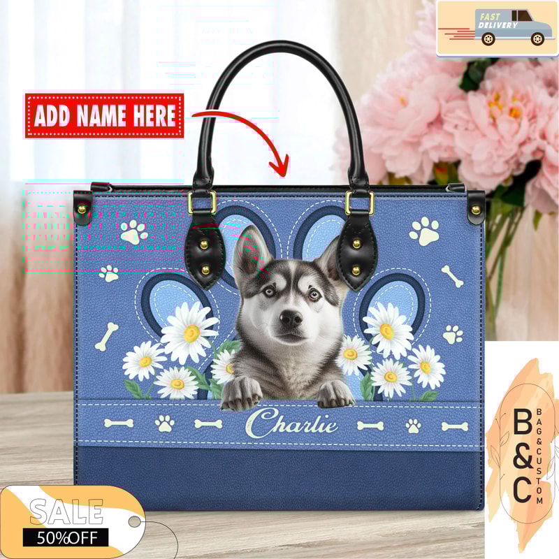 Siberian Husky Dog Leather Handbag for Women, Gift for Her With Custom Name, Shoulder Tote Bag 5.jpg