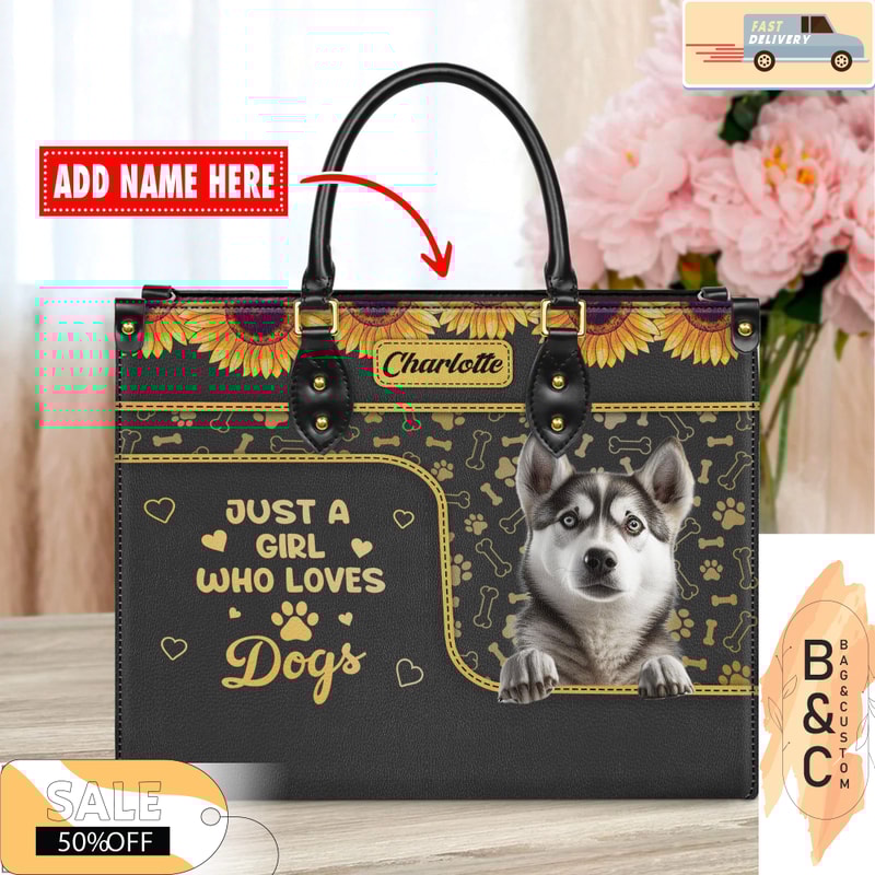 Siberian Husky Dog Leather Handbag for Women, Gift for Her With Custom Name, Shoulder Tote Bag.jpg