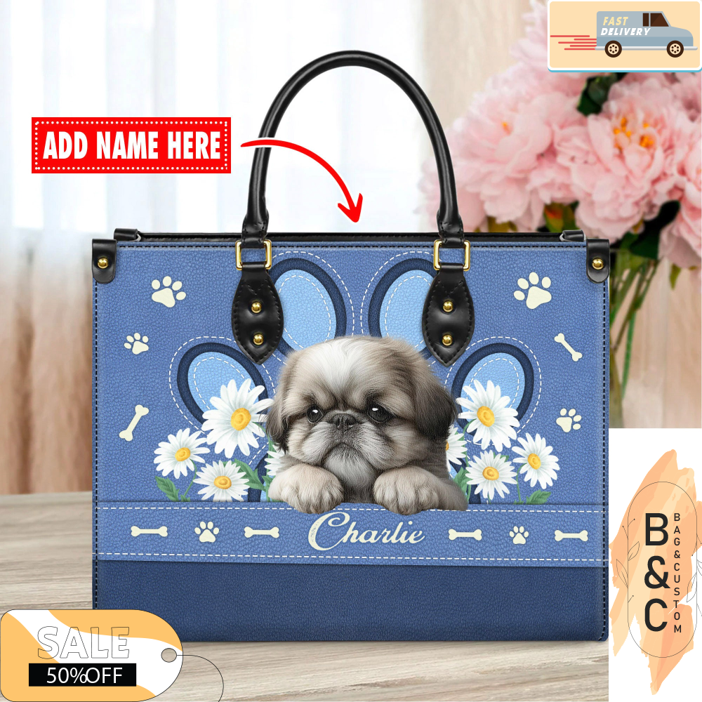 Shih Tzu Dog Leather Handbag for Women, Gift for Her With Custom Name, Shoulder Tote Bag 5.jpg