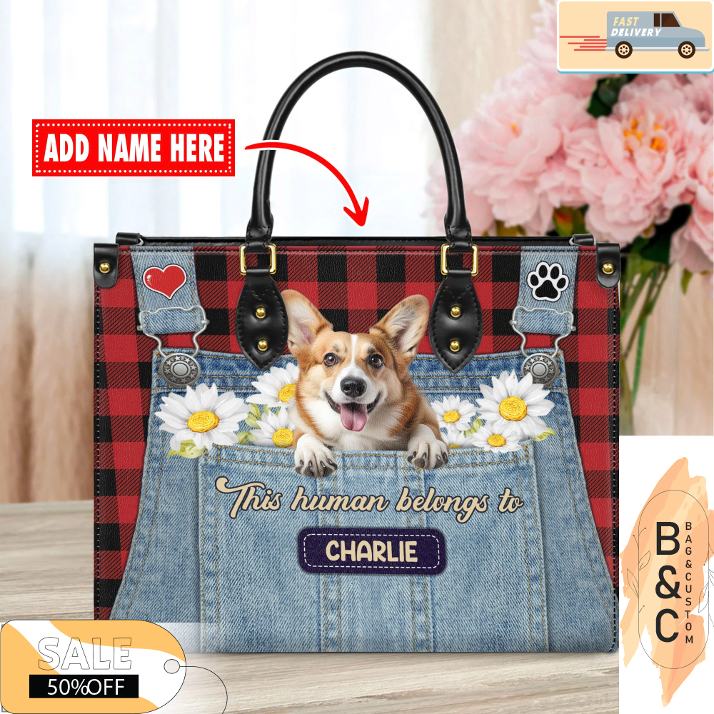 Welsh Corgi Dog Leather Handbag for Women, Gift for Her With Custom Name, Shoulder Tote Bag 1.jpg