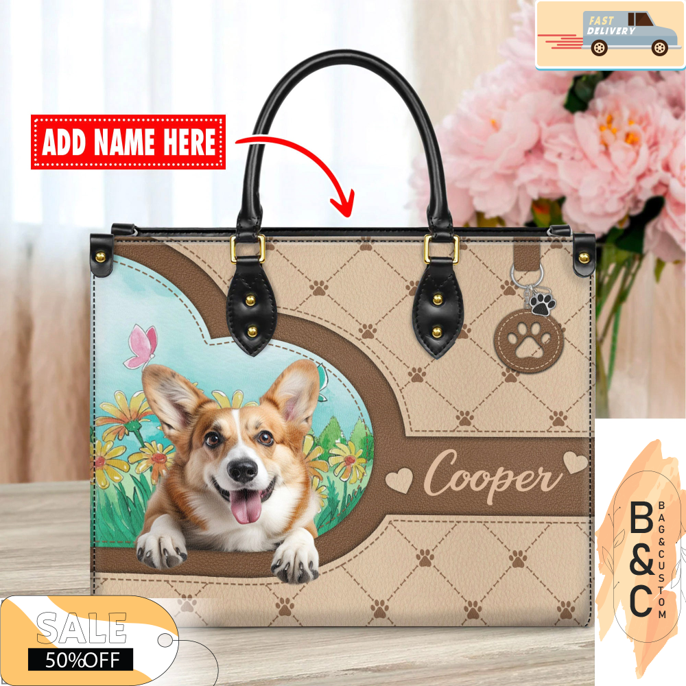 Welsh Corgi Dog Leather Handbag for Women, Gift for Her With Custom Name, Shoulder Tote Bag 3.jpg