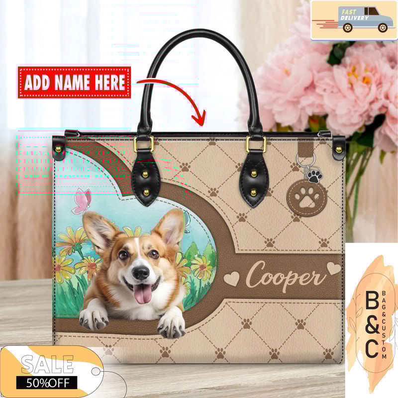 Welsh Corgi Dog Leather Handbag for Women, Gift for Her With Custom Name, Shoulder Tote Bag 3.jpg