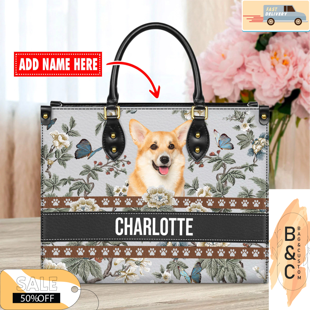 Welsh Corgi Dog Leather Handbag for Women, Gift for Her With Custom Name, Shoulder Tote Bag 4.jpg