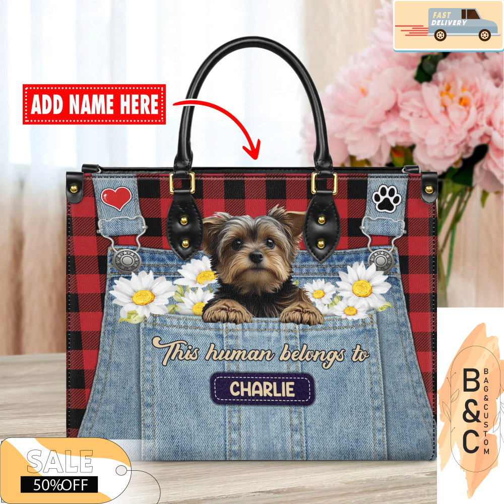 Yorkshire Terrier Dog Leather Handbag for Women, Gift for Her With Custom Name, Shoulder Tote Bag 1.jpg
