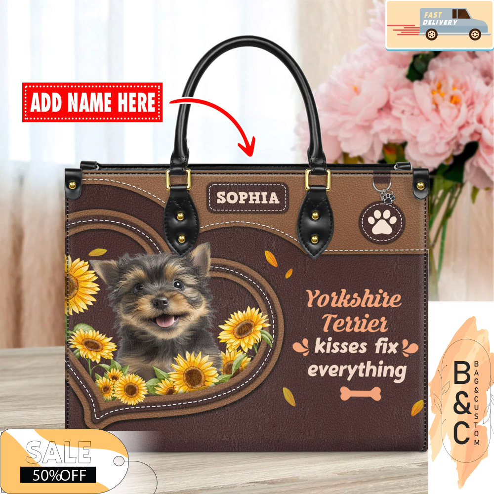 Yorkshire Terrier Dog Leather Handbag for Women, Gift for Her With Custom Name, Shoulder Tote Bag 2.jpg