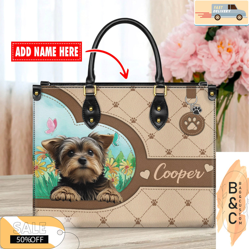 Yorkshire Terrier Dog Leather Handbag for Women, Gift for Her With Custom Name, Shoulder Tote Bag 3.jpg