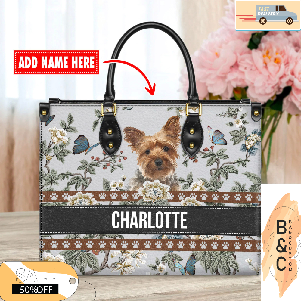 Yorkshire Terrier Dog Leather Handbag for Women, Gift for Her With Custom Name, Shoulder Tote Bag 4.jpg