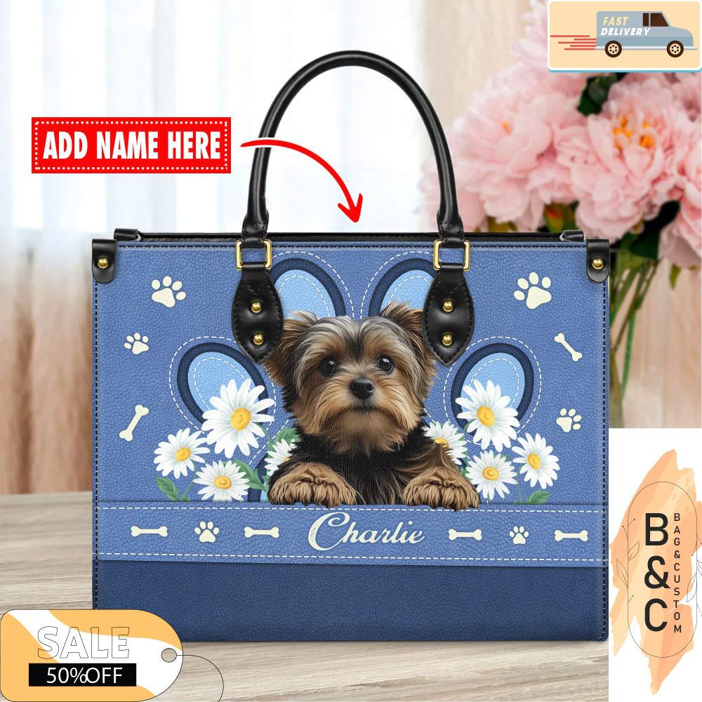 Yorkshire Terrier Dog Leather Handbag for Women, Gift for Her With Custom Name, Shoulder Tote Bag 5.jpg