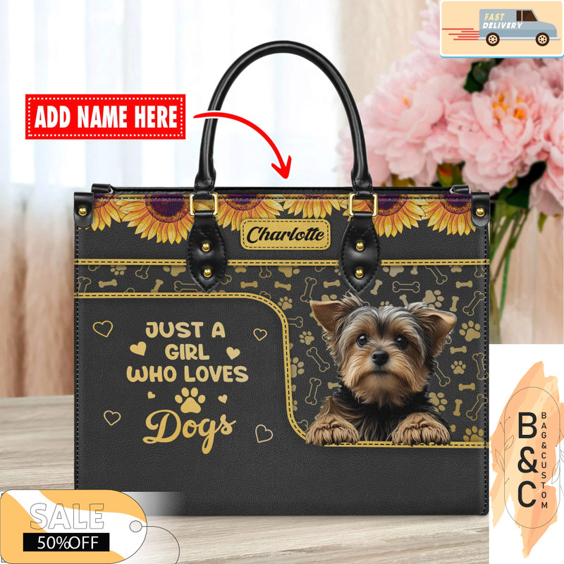 Yorkshire Terrier Dog Leather Handbag for Women, Gift for Her With Custom Name, Shoulder Tote Bag.jpg
