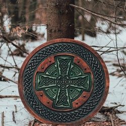 viking shield, celtic cross, viking wall decor, wood wall art, handmade home decor, fathers day gift for him