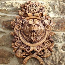 handmade wooden hanging plaque , celtic viking bear carving, elegant wood-carved gift with art on the wall