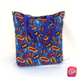 pow zap boom interjections reversible reusable washable tote gift craft book project book lined free shipping bag
