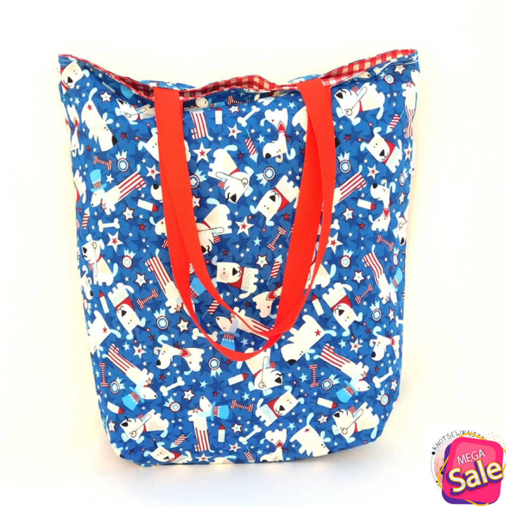 Puppy Dog Patriotic Tote Grocery Shopping Reversible Reusable Washable Lined Free Shipping Project Craft Picnic Bag.jpg