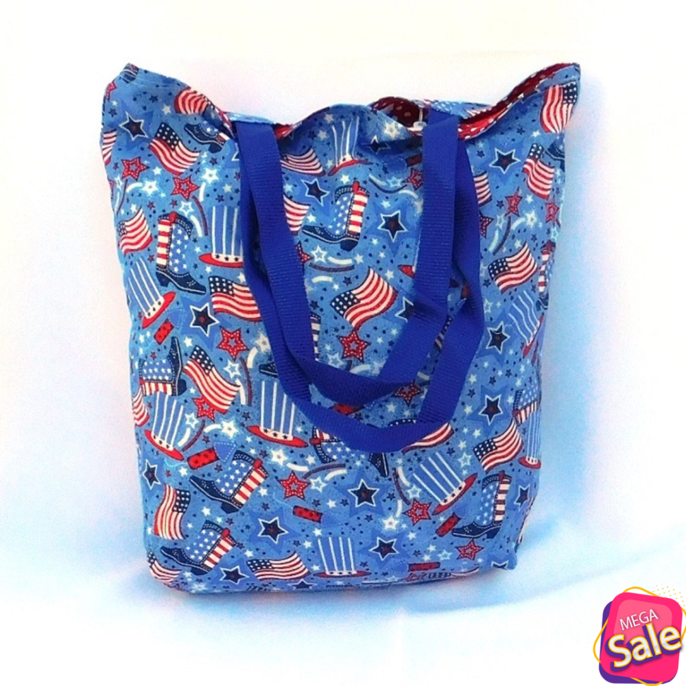 Red, White, and Blue Tote Bag, washable, reversible, free shipping, cotton, grocery, project.jpg