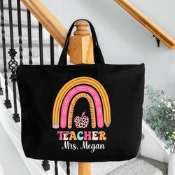 personalized teacher rainbow tote bag teacher gifts, end of school gift, teacher tote bag, custom teacher bag