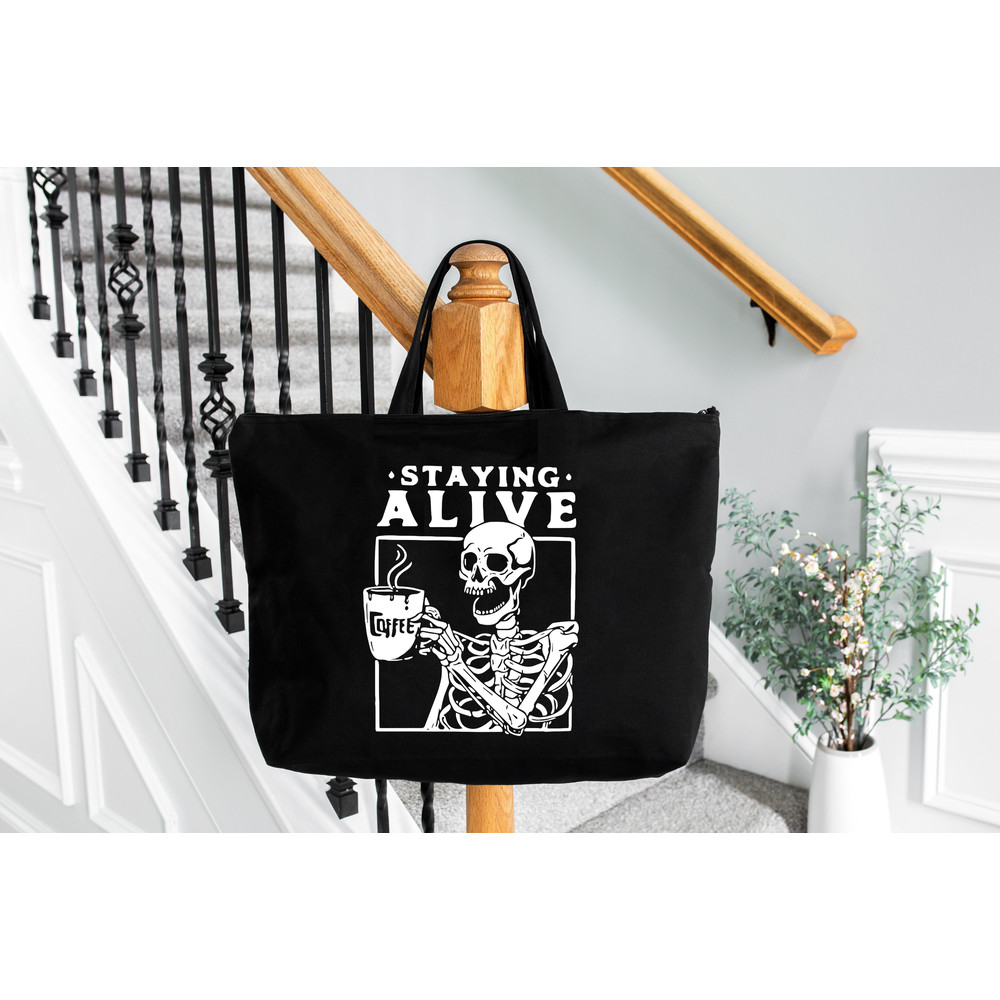 Staying Alive Coffee Tote Bag, Gift for Girlfriend, Trendy Tote Bag,Christmas Gift,Coffee Tote Bag, Coffee Addict Tote Bag,Skeleton Tote Bag.jpg
