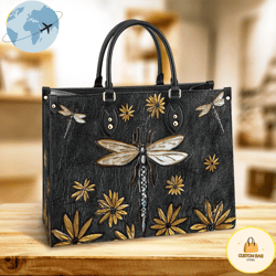 dragonfly sunflowers black leather women handbags, custom bag, sport bag