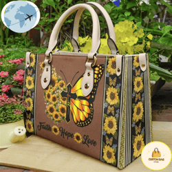 faith with sunflower butterfly leather women handbags, custom bag, sport bag