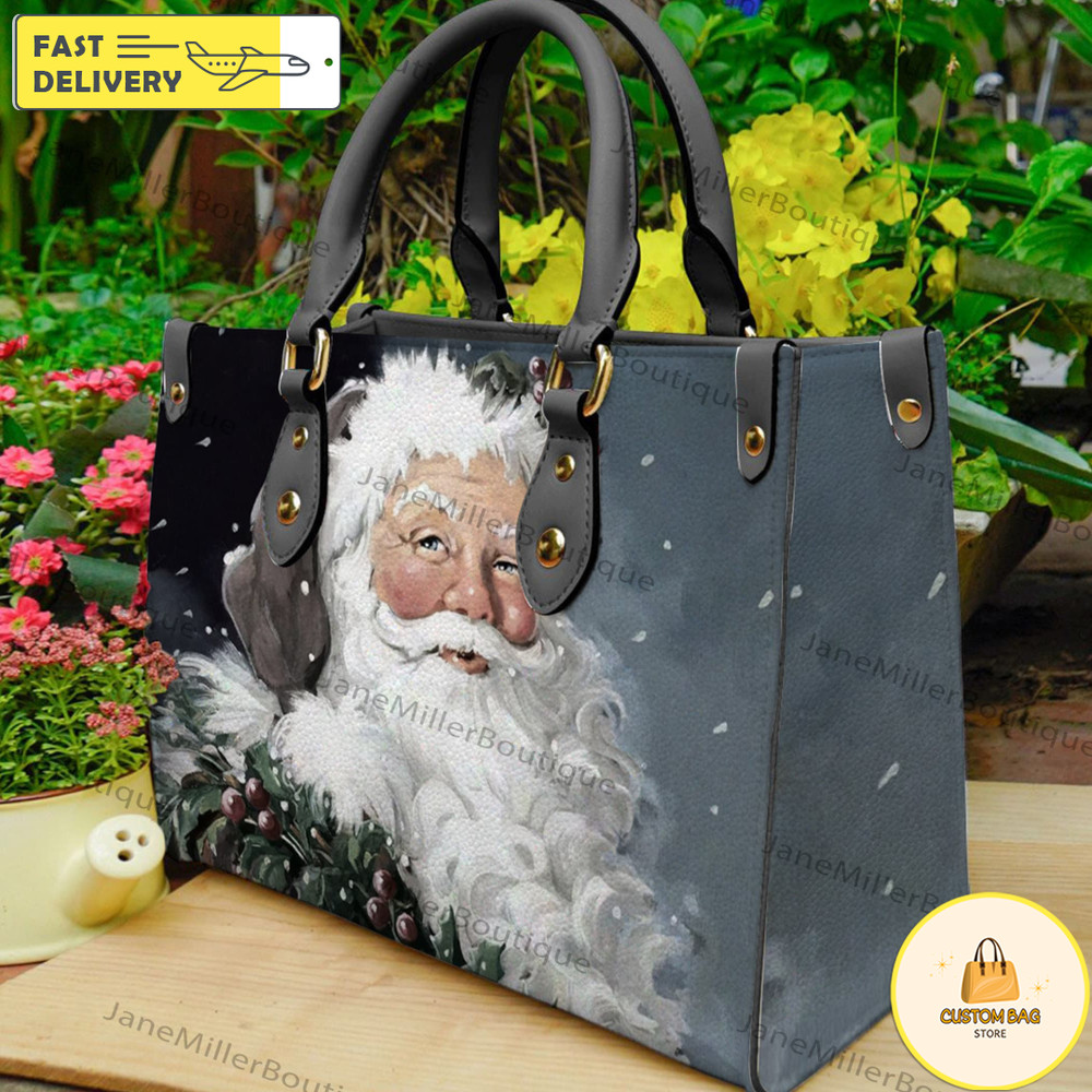 Berry Santa In Gray Leather Bag, Christmas Bag, Santa Handbag, Custom Leather Bag.jpg