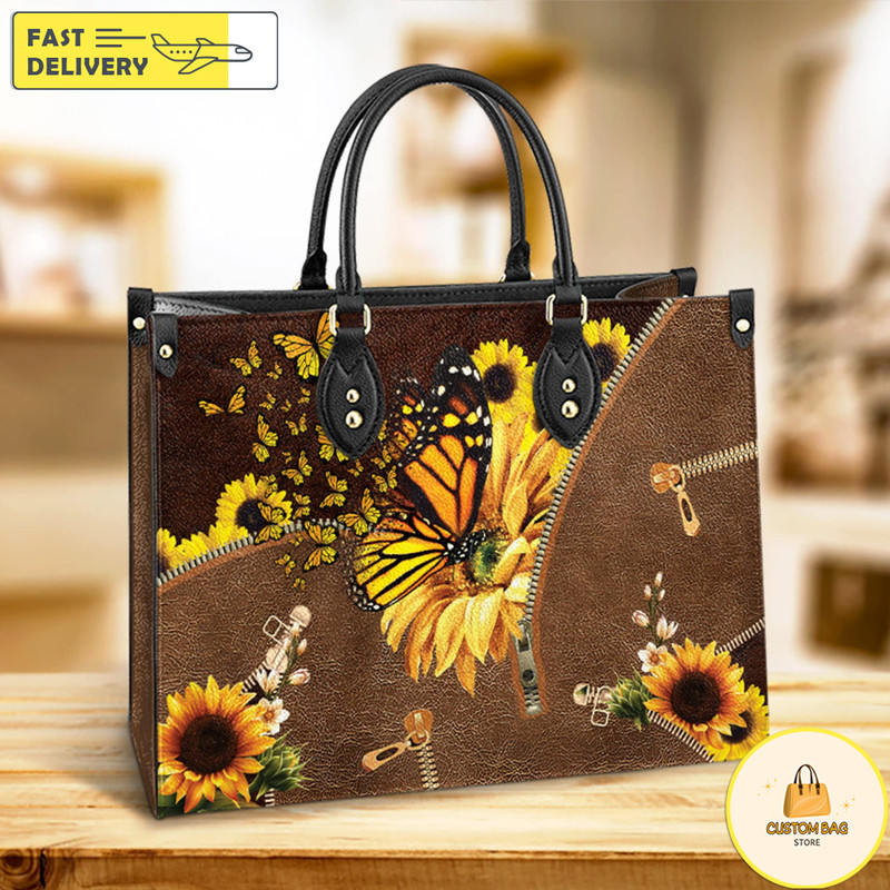 Butterfly Sunflowers Leather Bag, Butterfly Handbag, Custom Leather Bag, Woman Handbag.jpg