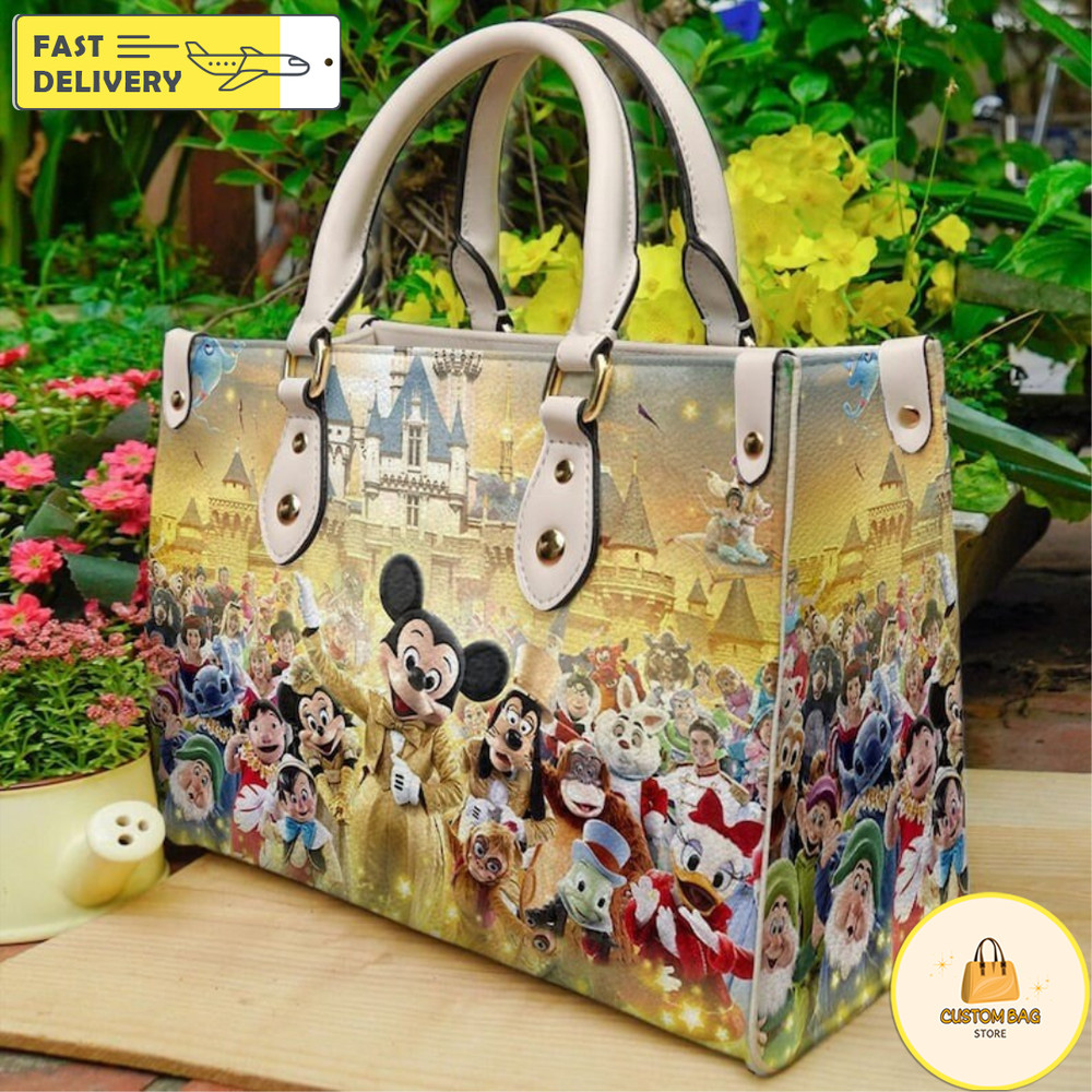 Christmas Disney Characters Wallpaper Handbag, Leather Disneyy Handbag, Mickey Women Bag.jpg