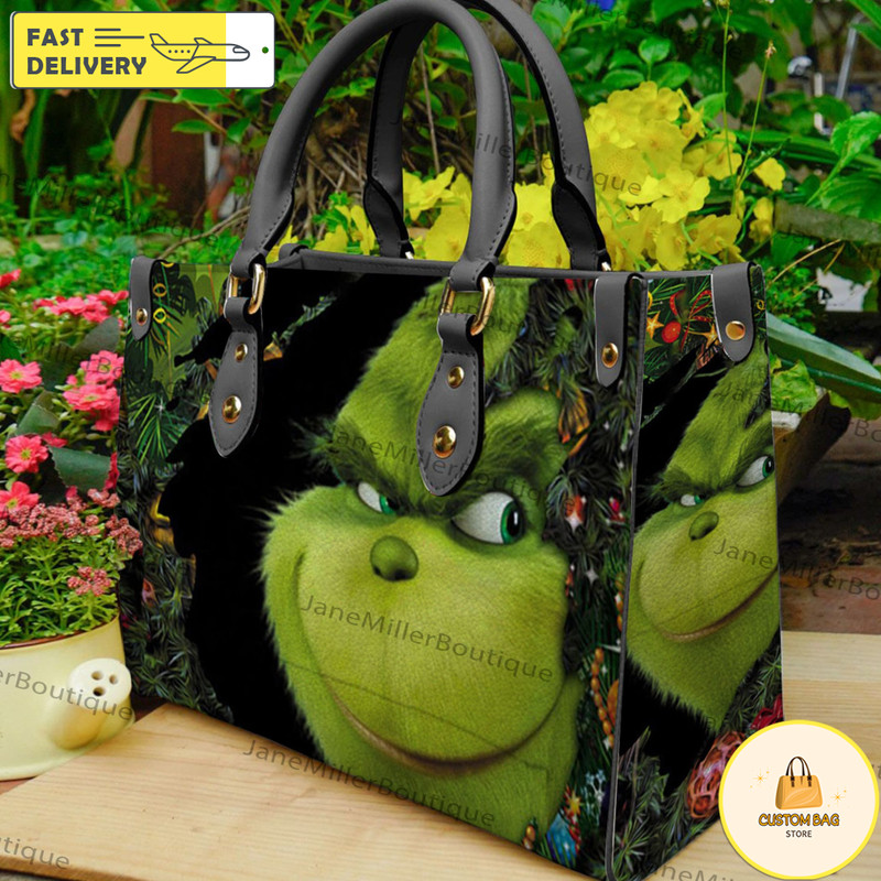 Grinch Christmas Leather Bag, Grinch Lover Handbag, Custom Leather Bag, Woman Handbag 7.jpg