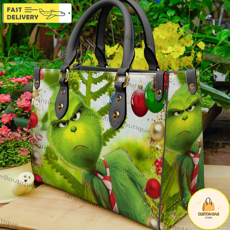 Grinch Christmas Leather Bag, Grinch Lover Handbag, Custom Leather Bag, Woman Handbag 8.jpg