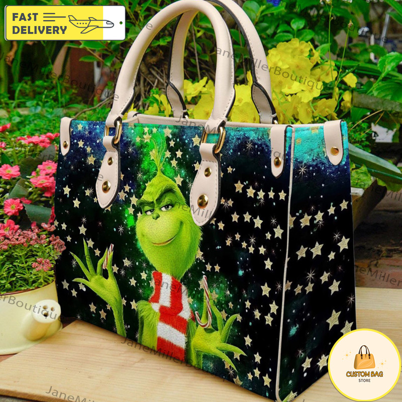 Grinch Christmas Leather Bag, Grinch Lover Handbag, Custom Leather Bag, Woman Handbag 9.jpg