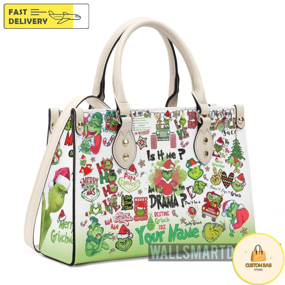 Personalized Christmas Grinch Handbag, Grinch Sticker Collection Handbag, Disney Leatherr Handbag.jpg