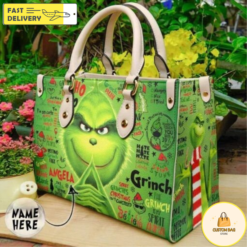 Personalized Christmas Cute Grinch Handbag, Anniversary Grinch Handbag, Disney Leatherr Handbag 1.jpg