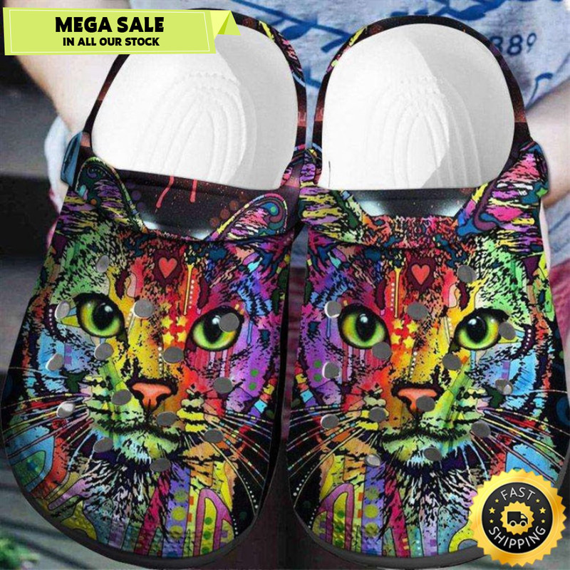 Cute Hippie Colorful Cat Crocband Clog Shoes.jpg