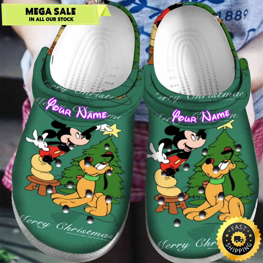 Disney Mickey Mouse Christmas Mickey And Pluto Green Personalized Name Crocs Clogs Shoes Comfortab.jpg