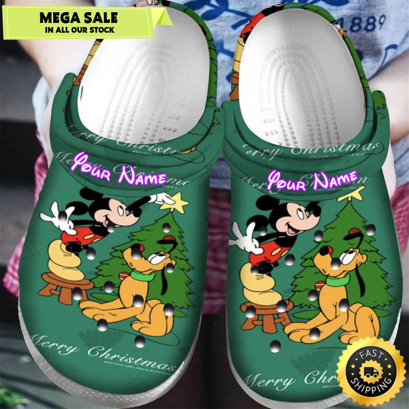 Disney Mickey Mouse Christmas Mickey And Pluto Green Personalized Name Crocs Clogs Shoes Comfortab.jpg