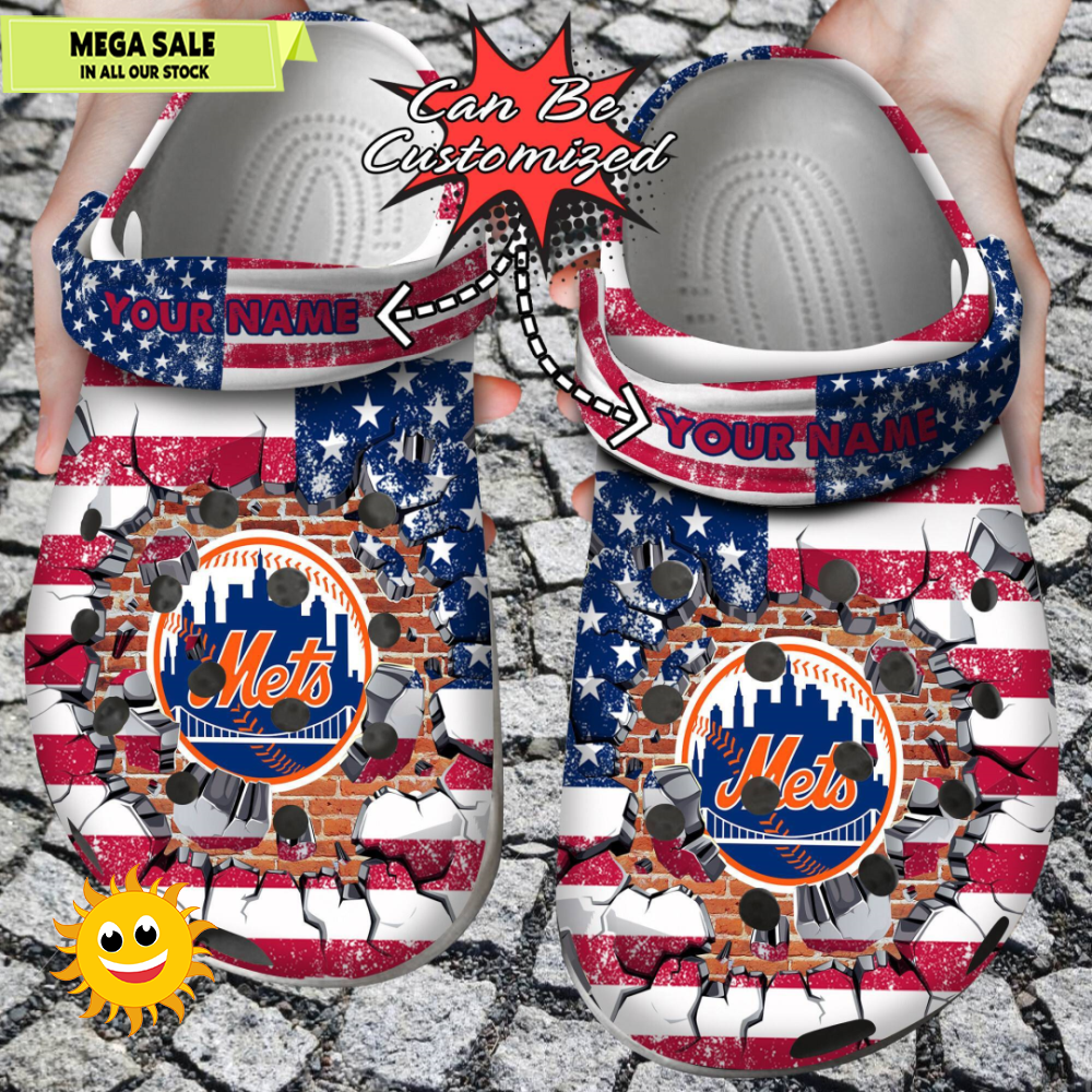 Baseball Crocs Personalized NY Mets American Flag Breaking Wall Clog Shoes - 365crocs 1.jpg